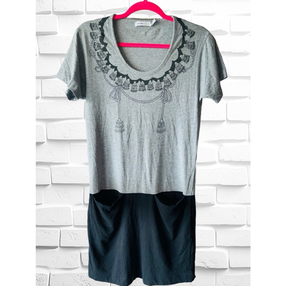 See By Chloe Women’s Size 2 Gray & Black Hybrid Dress • Printed Rope & Tassels - Picture 1 of 12